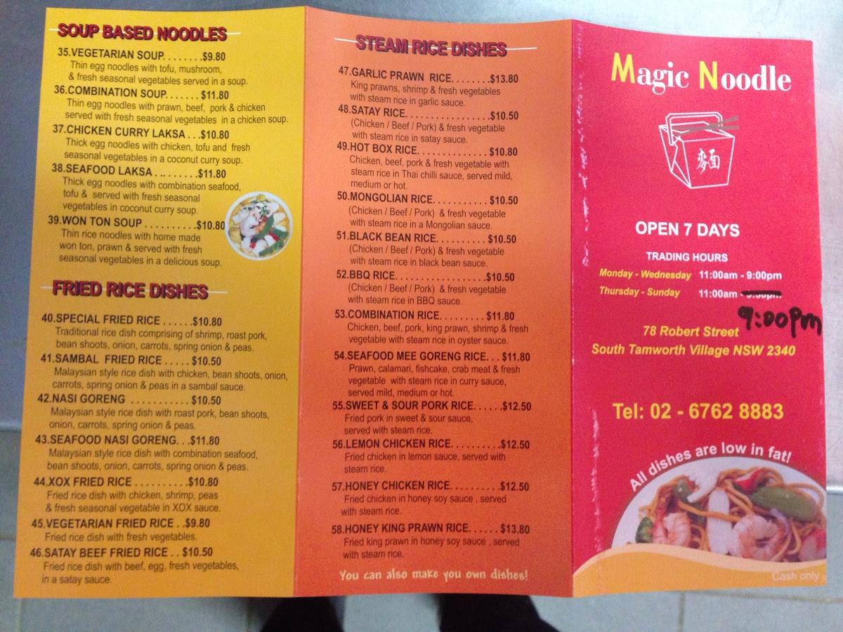 Menu at Magic Noodle restaurant, South Tamworth