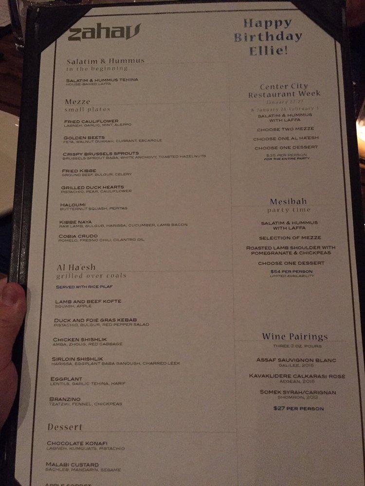 Menu at Zahav restaurant, Philadelphia