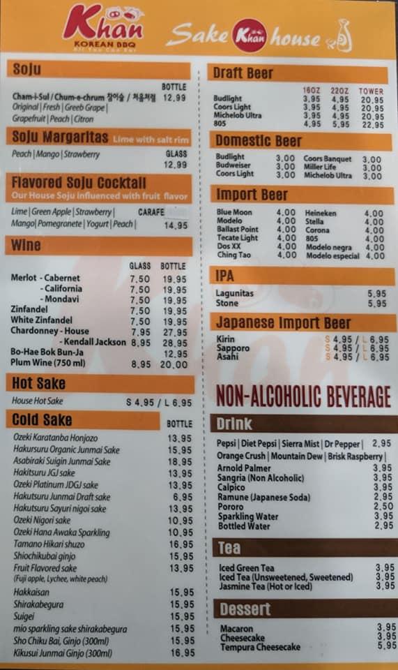 Menu at Khan Korean BBQ, El Centro