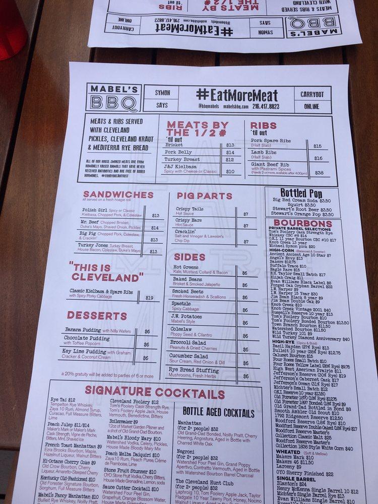Menu at Mabel's BBQ, Cleveland