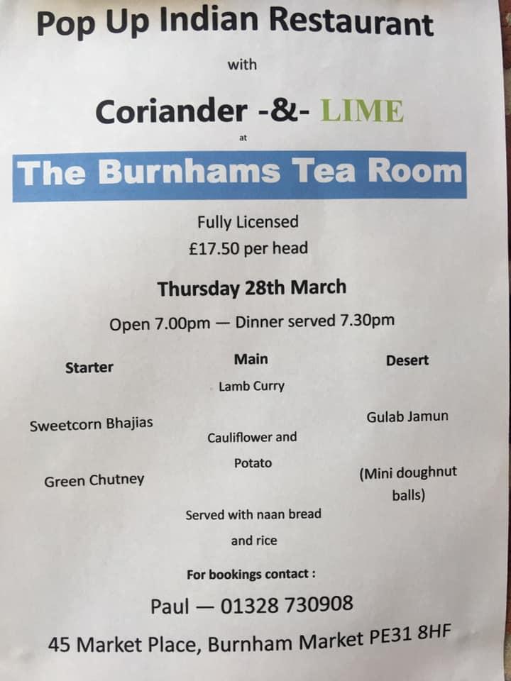 Menu at The Burnhams Tea Room cafe, Burnham Market