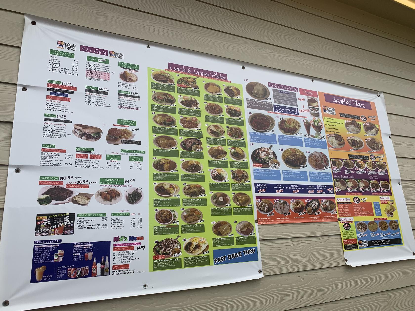Menu at Ranchito Taqueria restaurant, Waller