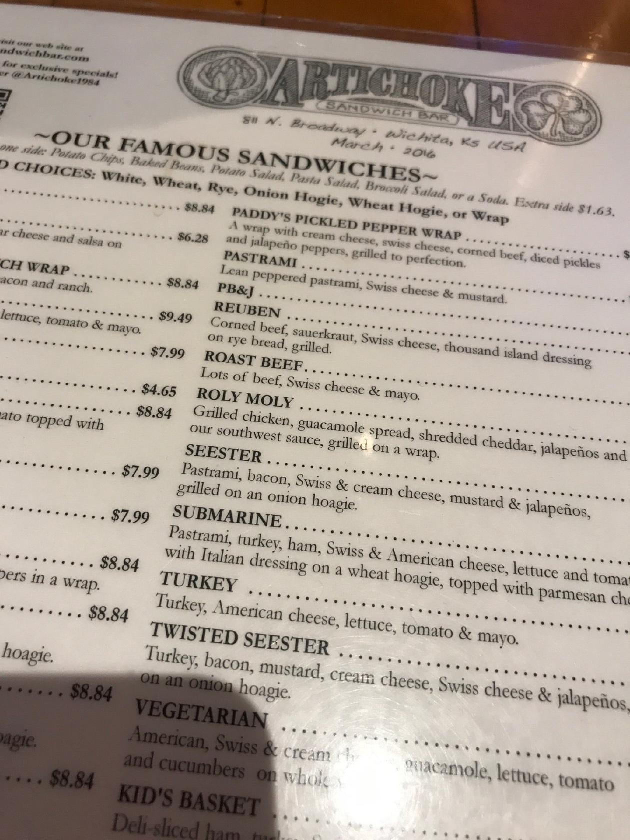 Menu at Artichoke Sandwichbar, Wichita
