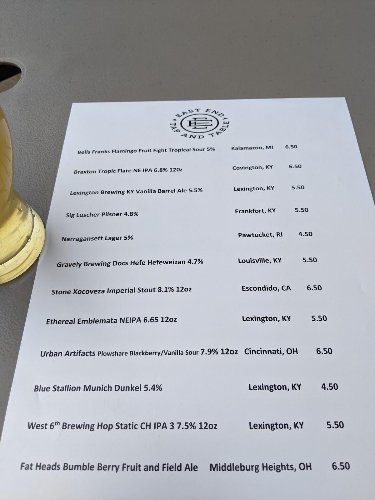 Carta del restaurante East End Tap and Table, Lexington
