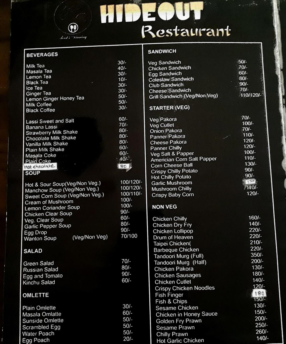 Menu at Hideout Restaurant Gangtok, Gangtok