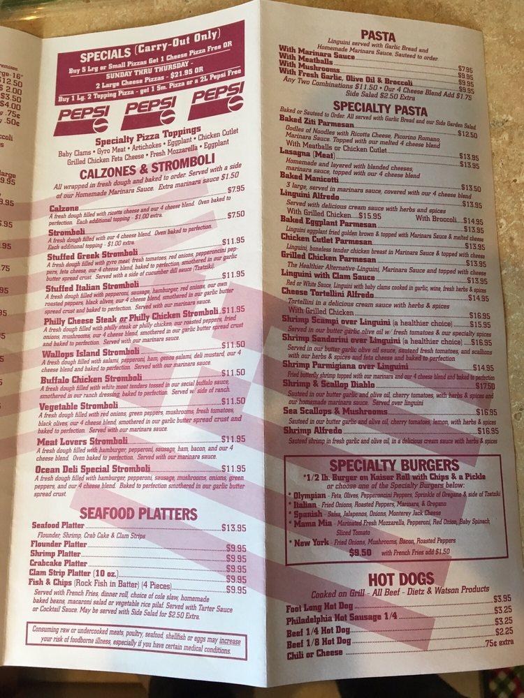 Menu at Ocean Deli pizzeria, Wallops Island