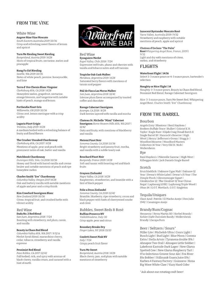 Menu at Waterfront Wine Bar, Manitowoc