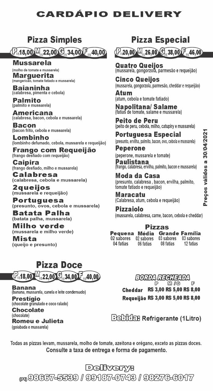 Menu at Top pizza restaurant, Salvador, Rua Juracy Trindade