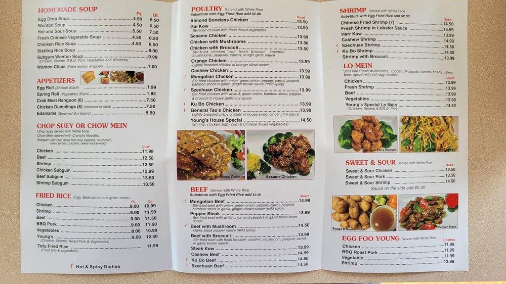 Menu at Young's Chinese Food Carryout restaurant, Royal Oak