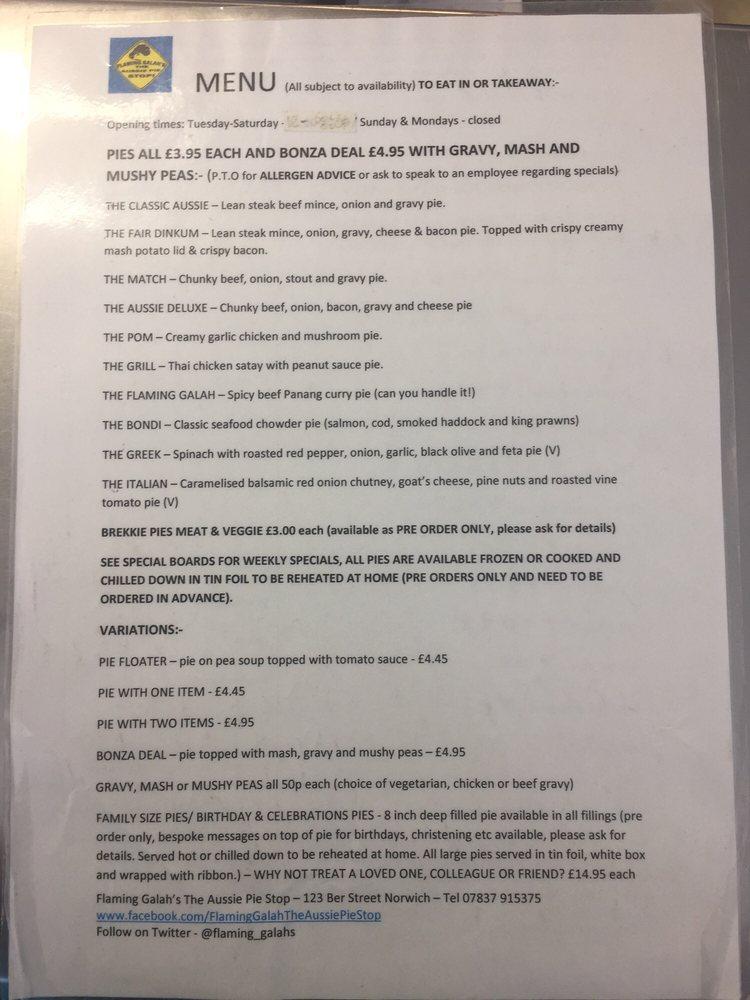 Menu at Flaming Galah fast food, Norwich