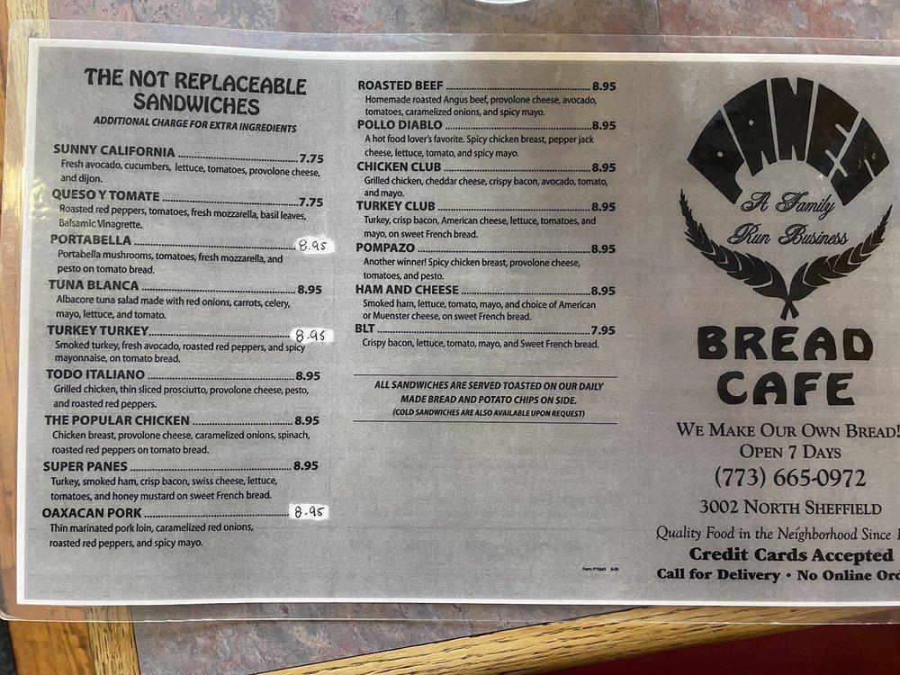 Menu at Panes Bread Cafe, Chicago
