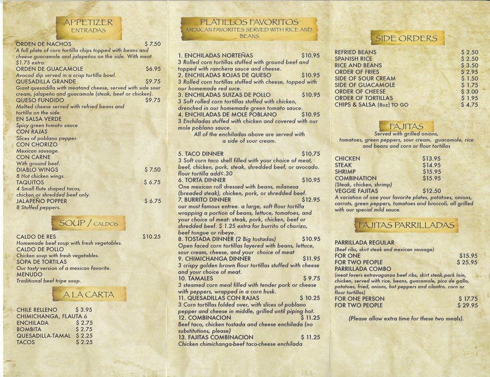 Menu at Las Fajitas restaurant, Milwaukee