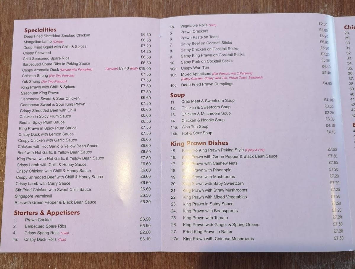 Menu at Lotus restaurant, Cinderford