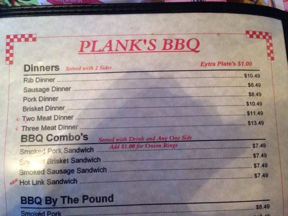Menu at Plank's Bbq, Garden City