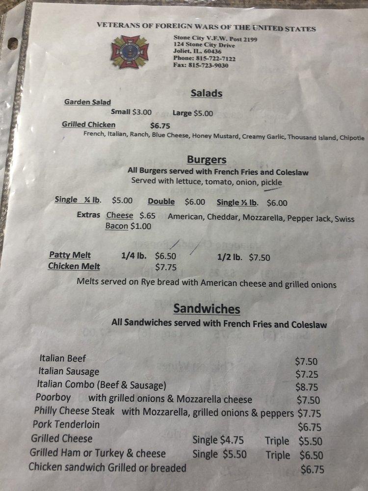 Menu at Stone City Vfw Post 2199 pub & bar, Joliet
