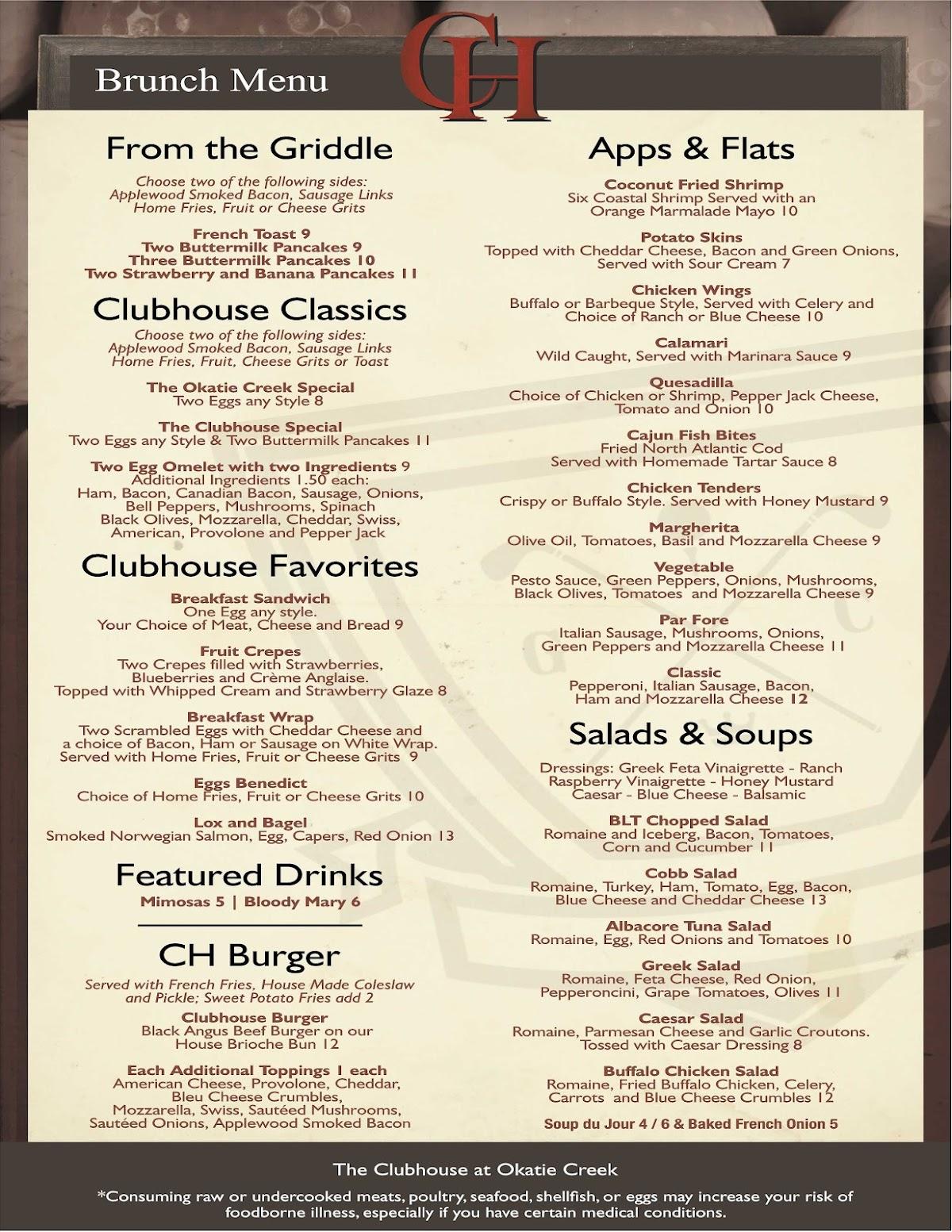 Menu at The Clubhouse at Okatie Creek, Hardeeville