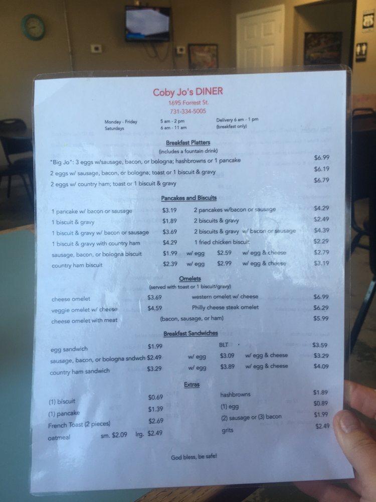 Menu at Coby Jo’s Diner restaurant, Dyersburg