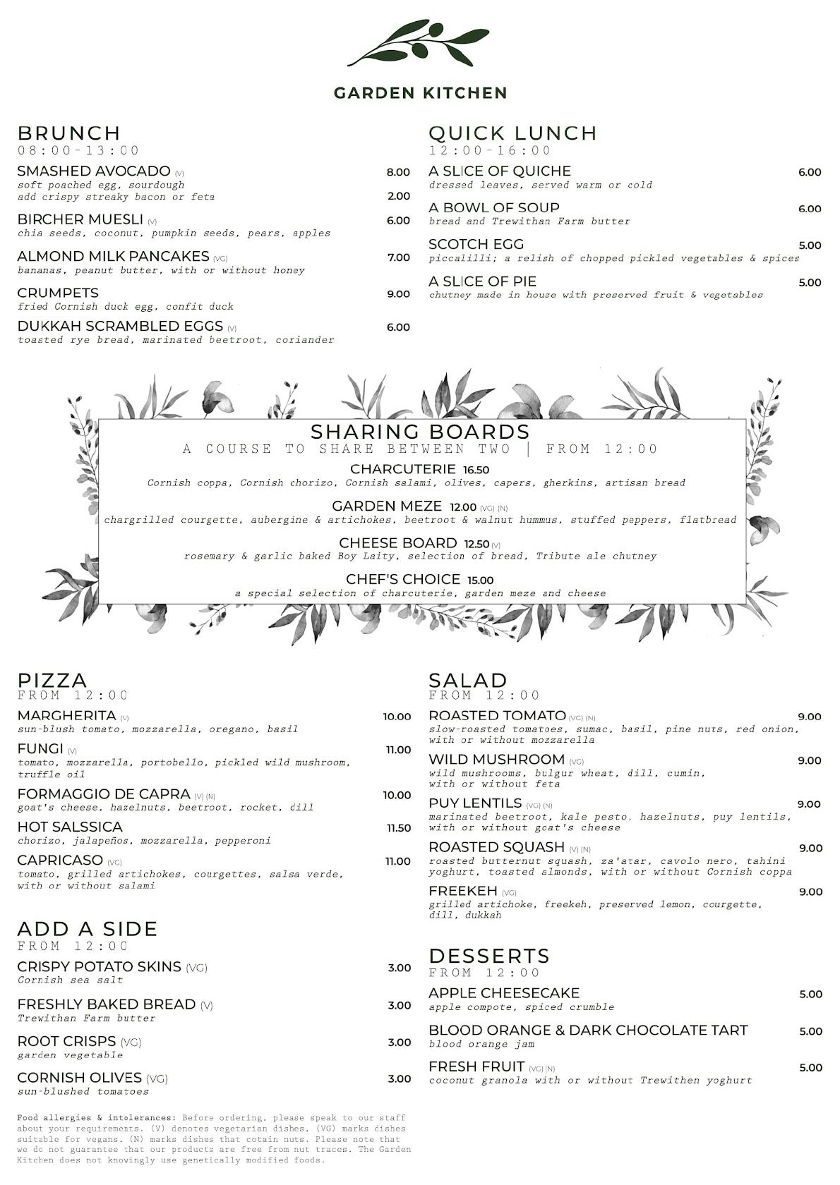 Menu at Garden Kitchen restaurant, Falmouth