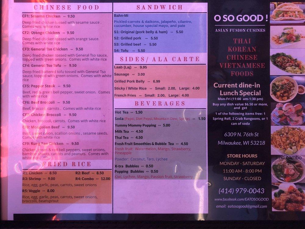 Menu at O So Good Asian Fusion Cuisine restaurant, Milwaukee