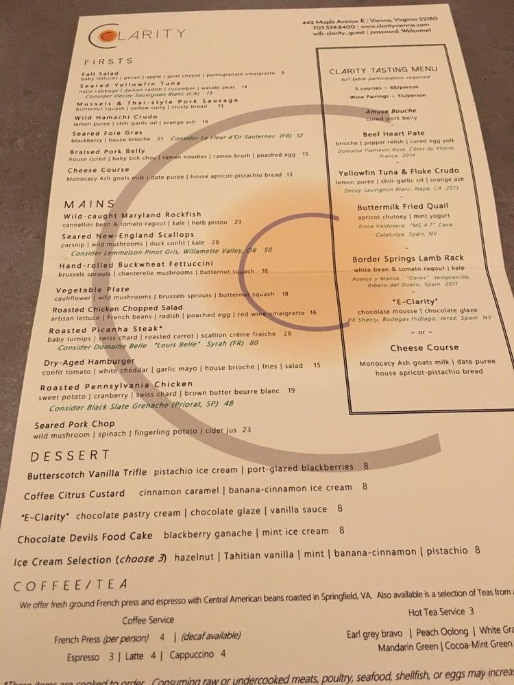 Menu at Clarity pub & bar, Vienna