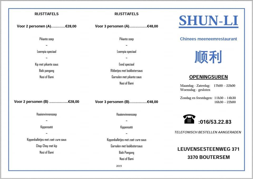 Menu at Shun-Li, Boutersem