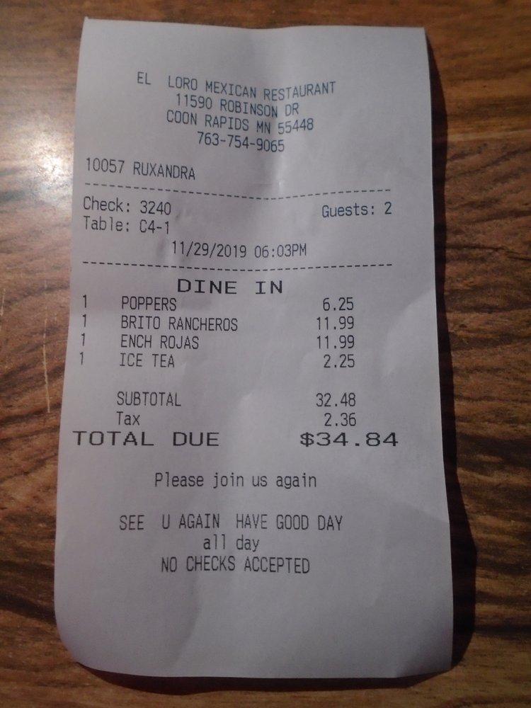 Carta de El Loro Mexican Restaurant, Coon Rapids