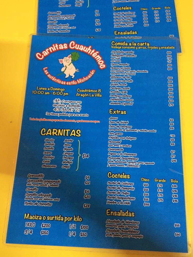 Menu at Las Carnitas De Cuauhtémoc restaurant, Mexico City