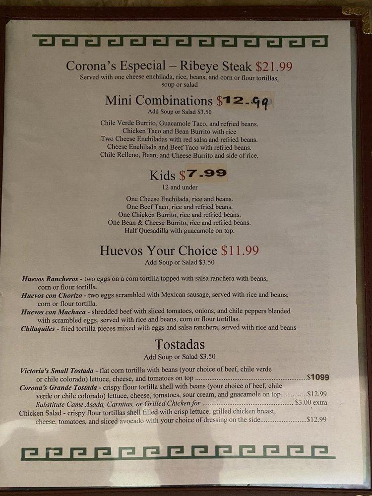 Menu at Coronas Mexican Restaurant, Arroyo Grande