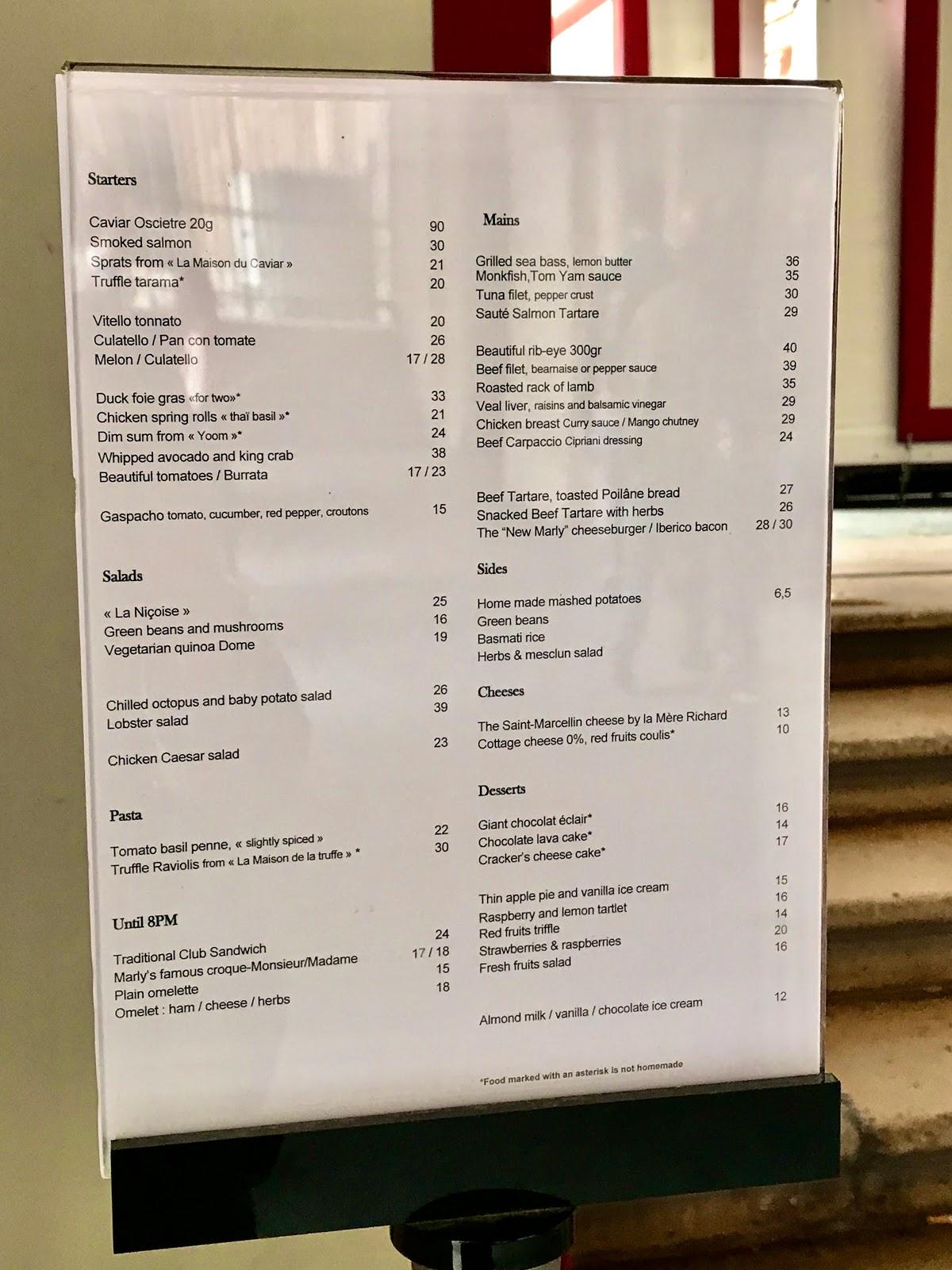 Menu at Le Café Marly, Paris