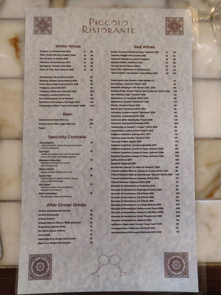 Menu at Piccolo Santa Monica pub & bar, Santa Monica