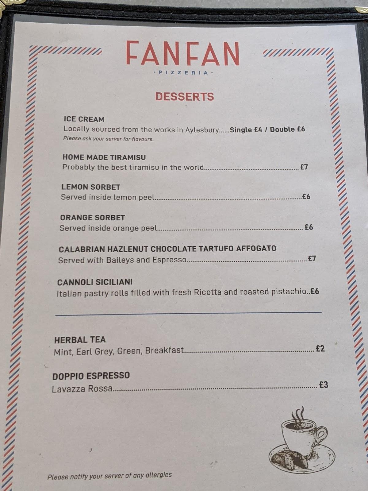 Menu at Fan Fan Pizza restaurant, Great Missenden