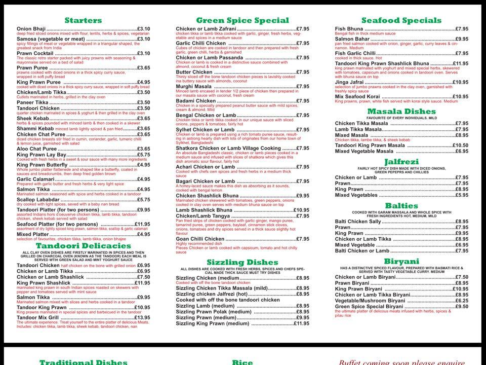 Menu at Green Spice restaurant, Sandgate, 59 Sandgate High Street