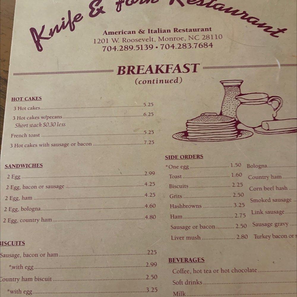 Menu at Knife & Fork Restaurant, Monroe