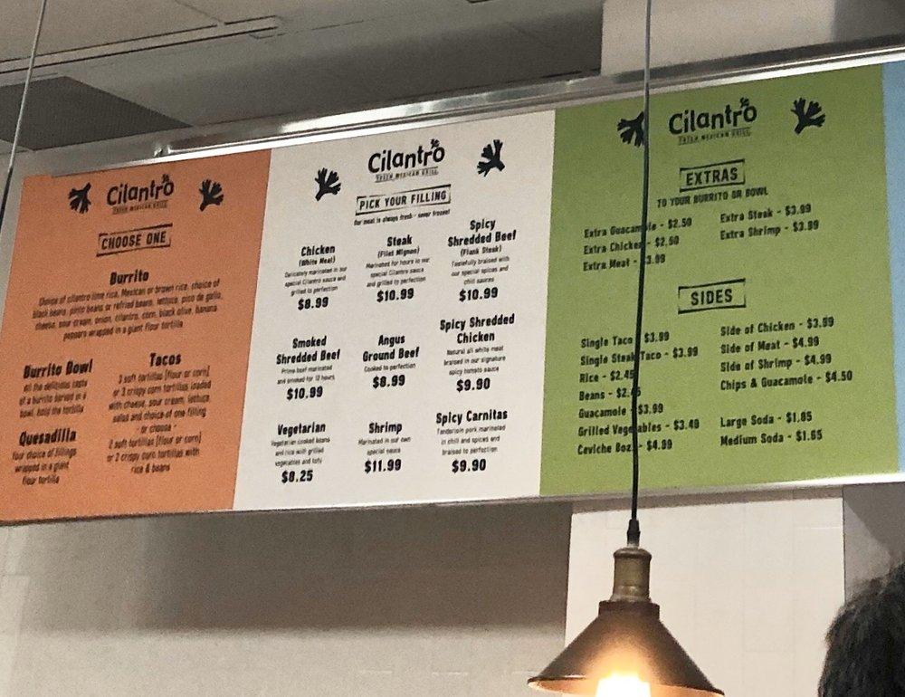 Menu at Cilantro Fresh Mexican Grill restaurant, Los Angeles, 800 N