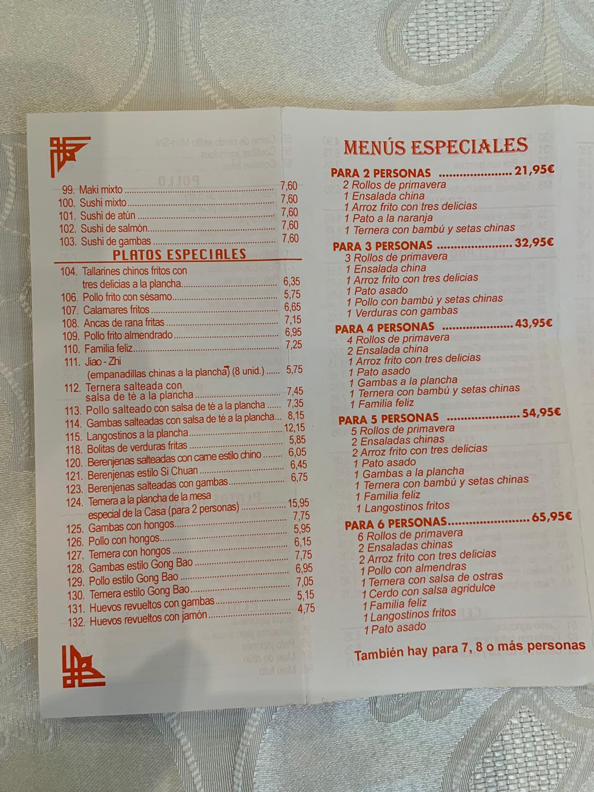 Carta de Restaurante Nuevo Siglo, San Sebastián