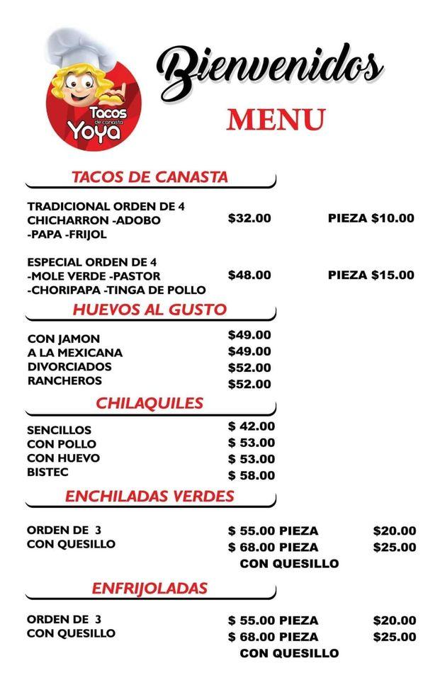 Menu at Tacos de canasta Yoya restaurant, San Mateo Atenco