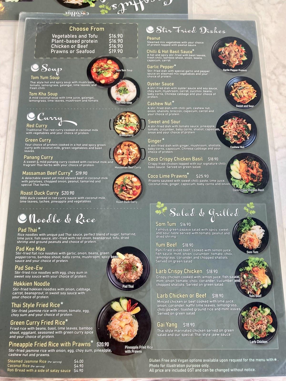 Menu at Cocohut Taste of Thailand restaurant, Surfers Paradise