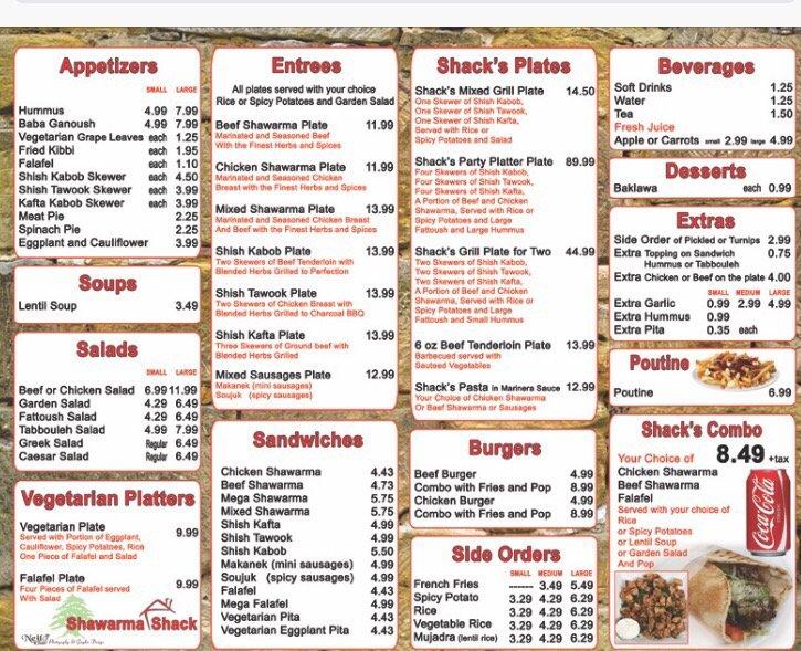 Menu at Shawarma shack restaurant, Windsor