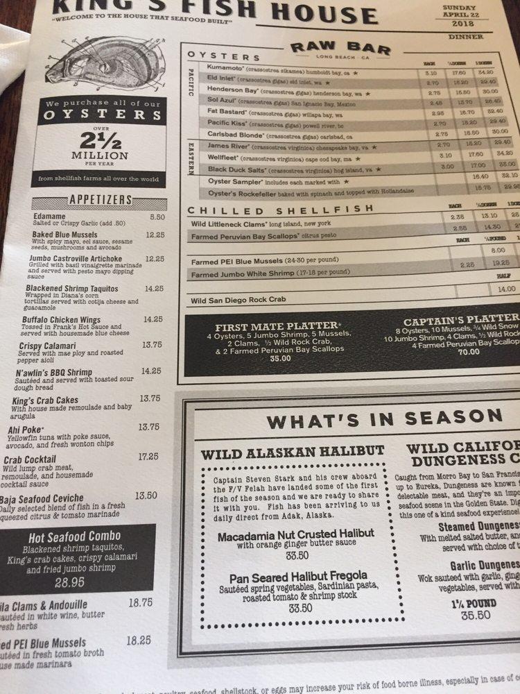 Menu at King's Fish House restaurant, Long Beach