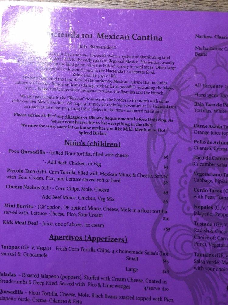 Menu at La Hacienda 101 Mexican Cantina restaurant, Emerald Beach