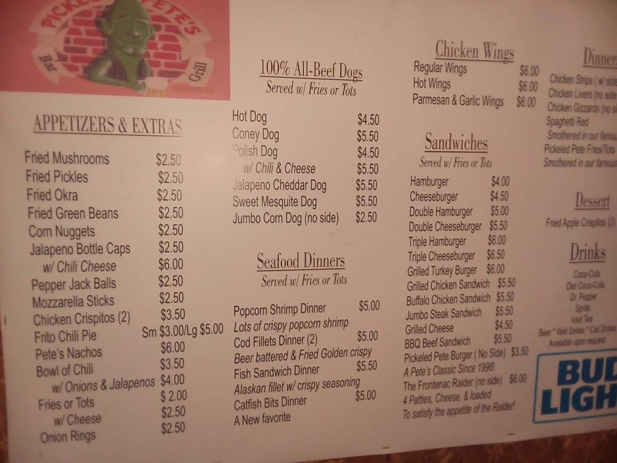 Menu at Pickled Pete's Bar & Grill, Frontenac