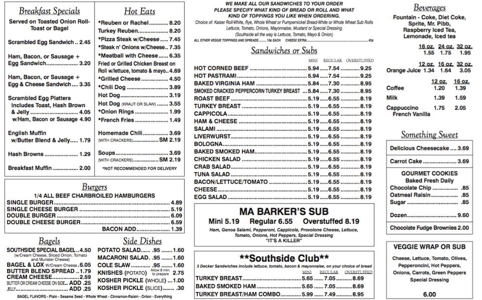 Menu at Southside Deli restaurant, Ocala