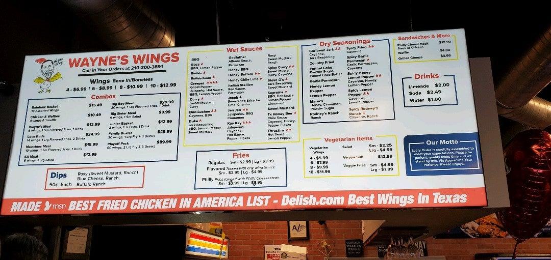Menu at Wayne's Wings restaurant, San Antonio, Walzem Rd