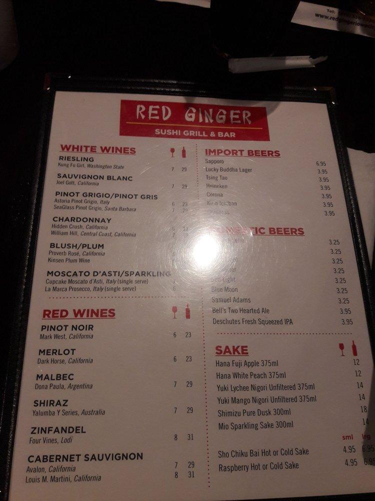 Menu at Red Ginger restaurant, Iowa City