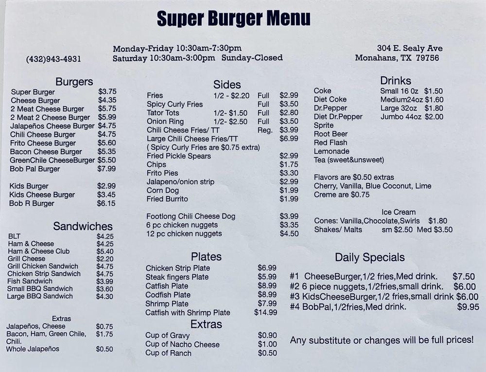 Menu at Super Burger restaurant, Monahans, 304 E Sealy Ave