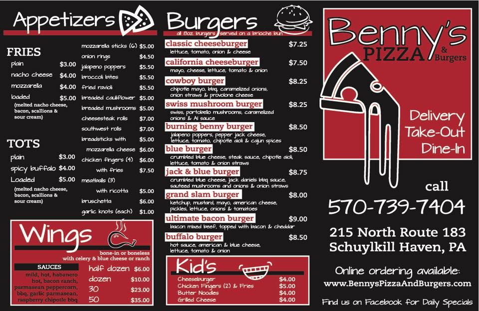 Menu at Benny's Pizza and Burgers restaurant, Cressona