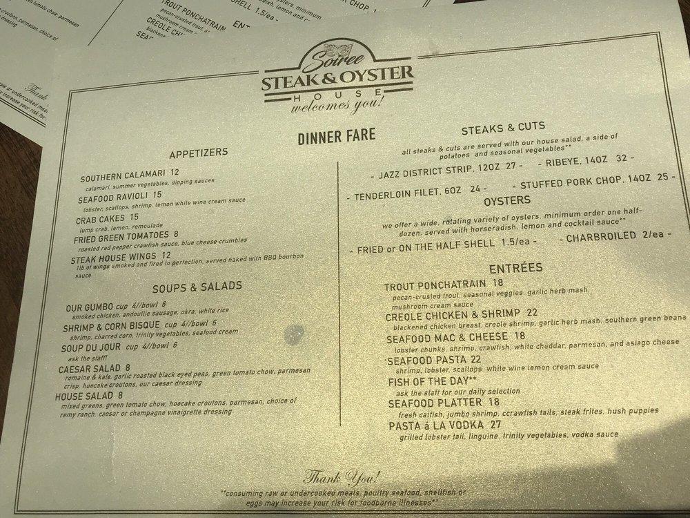 Menu at Soiree steakhouse, Kansas City