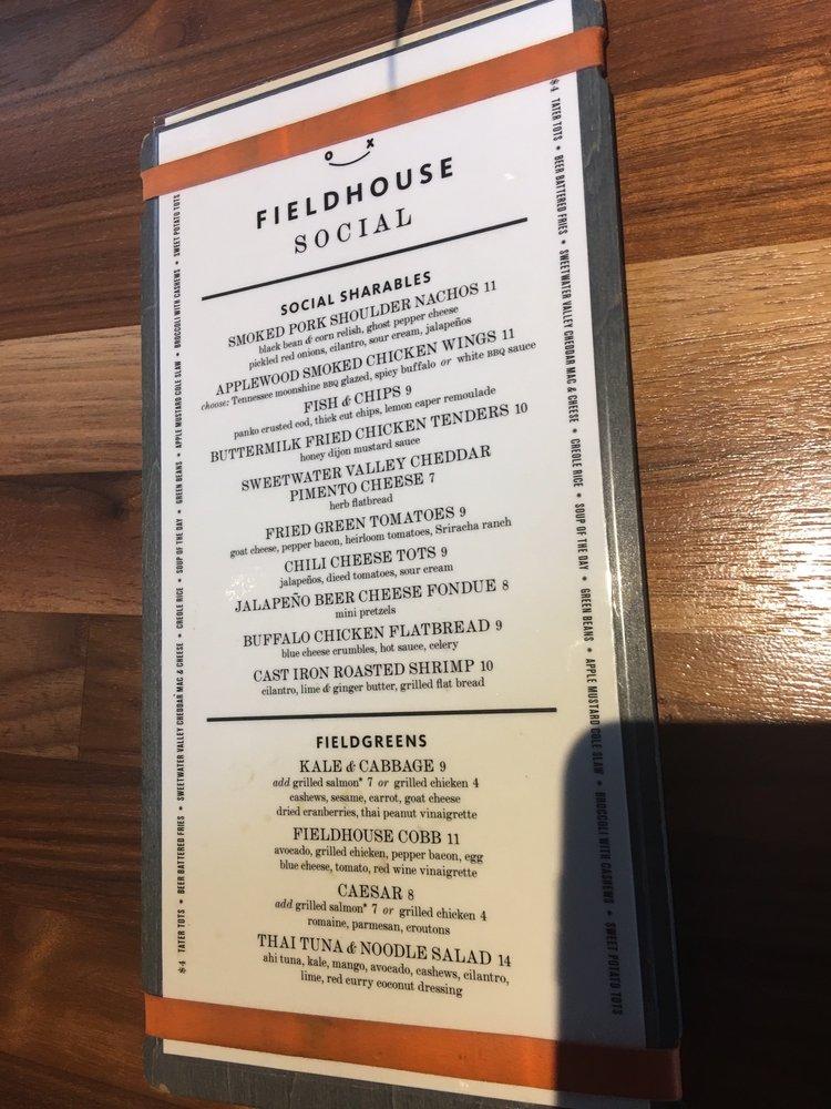 Menu at Fieldhouse Social pub & bar, Knoxville