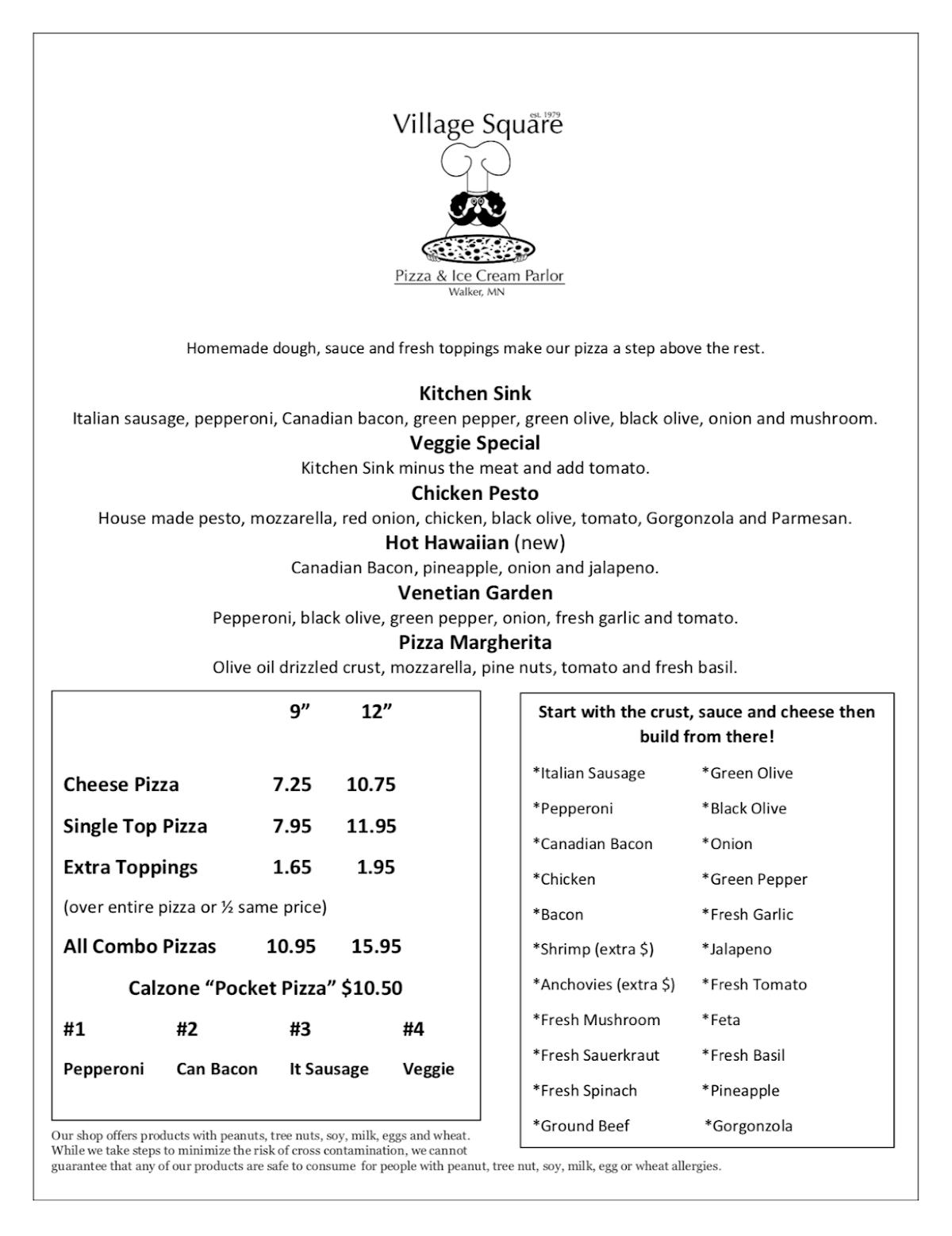 Menu at Village Square Pizza & Ice Cream Parlor pizzeria, Walker
