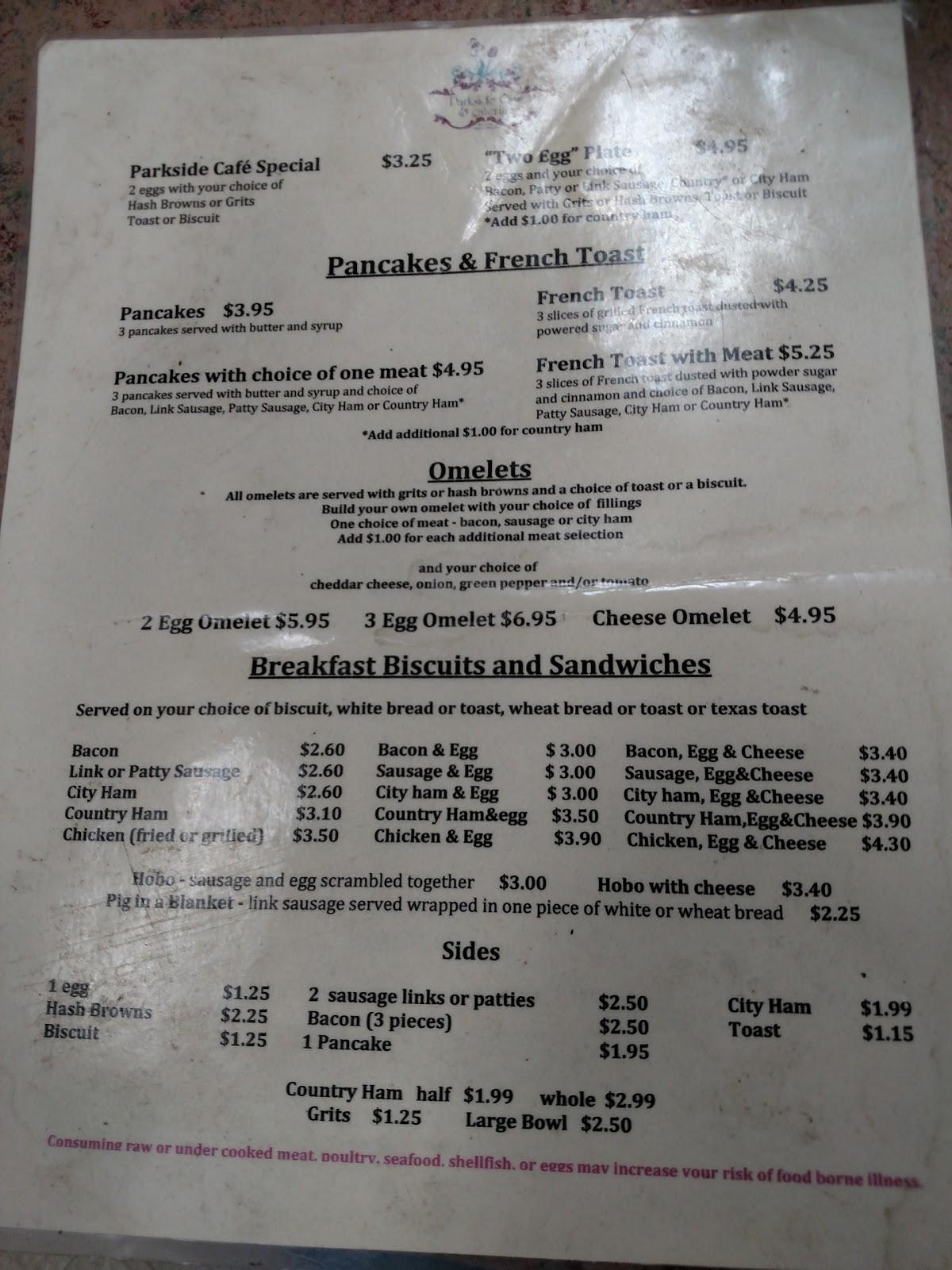 Menu At Parkside Cafe, Pine Level, U.S. Hwy 70A E